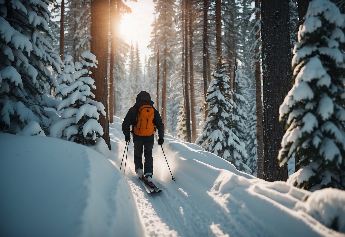 A skier glides through a snowy forest, carrying bear spray and making noise to alert any nearby bears. They follow a designated trail, avoiding dense brush and staying aware of their surroundings