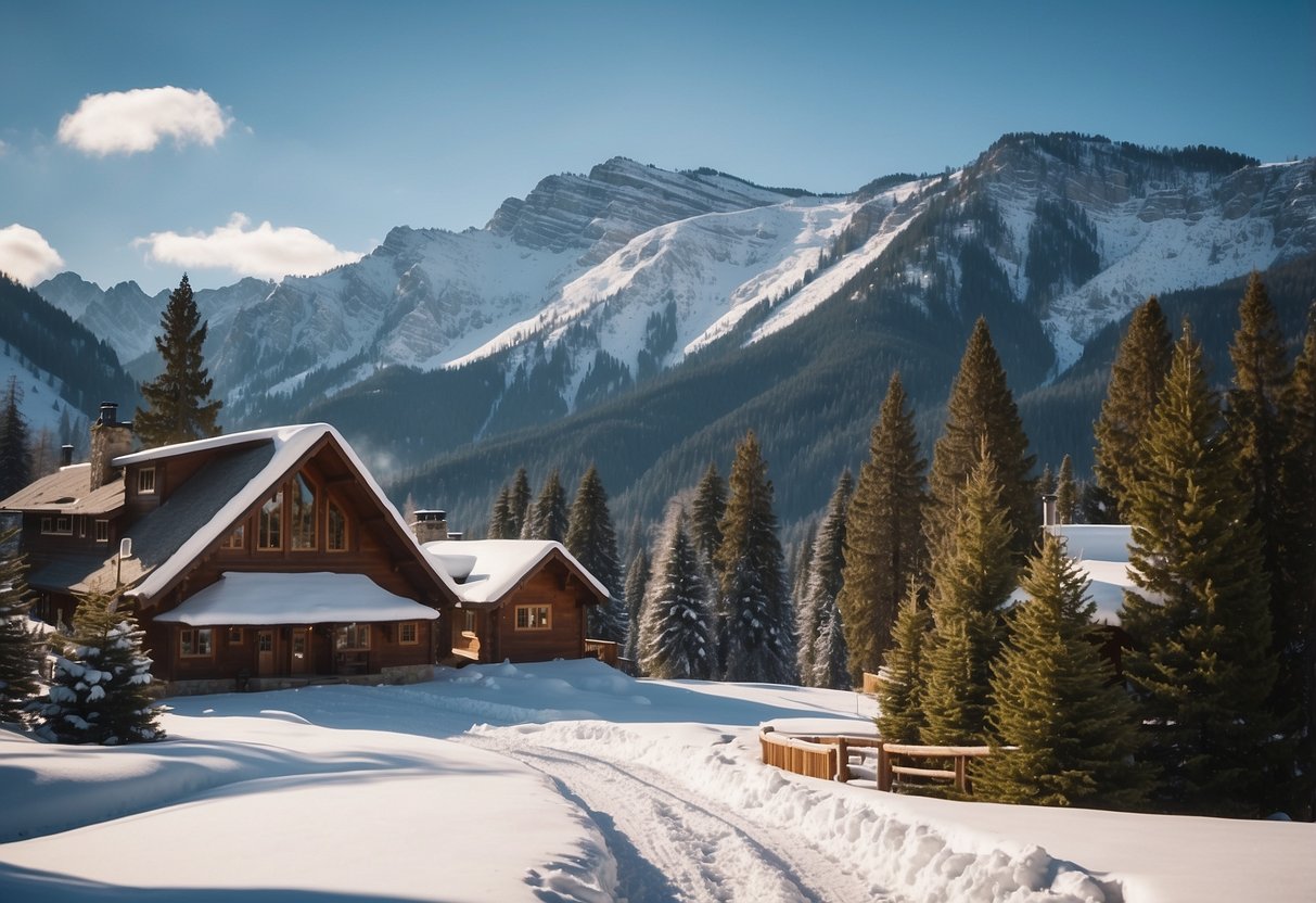 Snow-covered mountains with winding trails, tall pine trees, and clear blue skies. A cozy lodge nestled in the valley, with smoke rising from the chimney