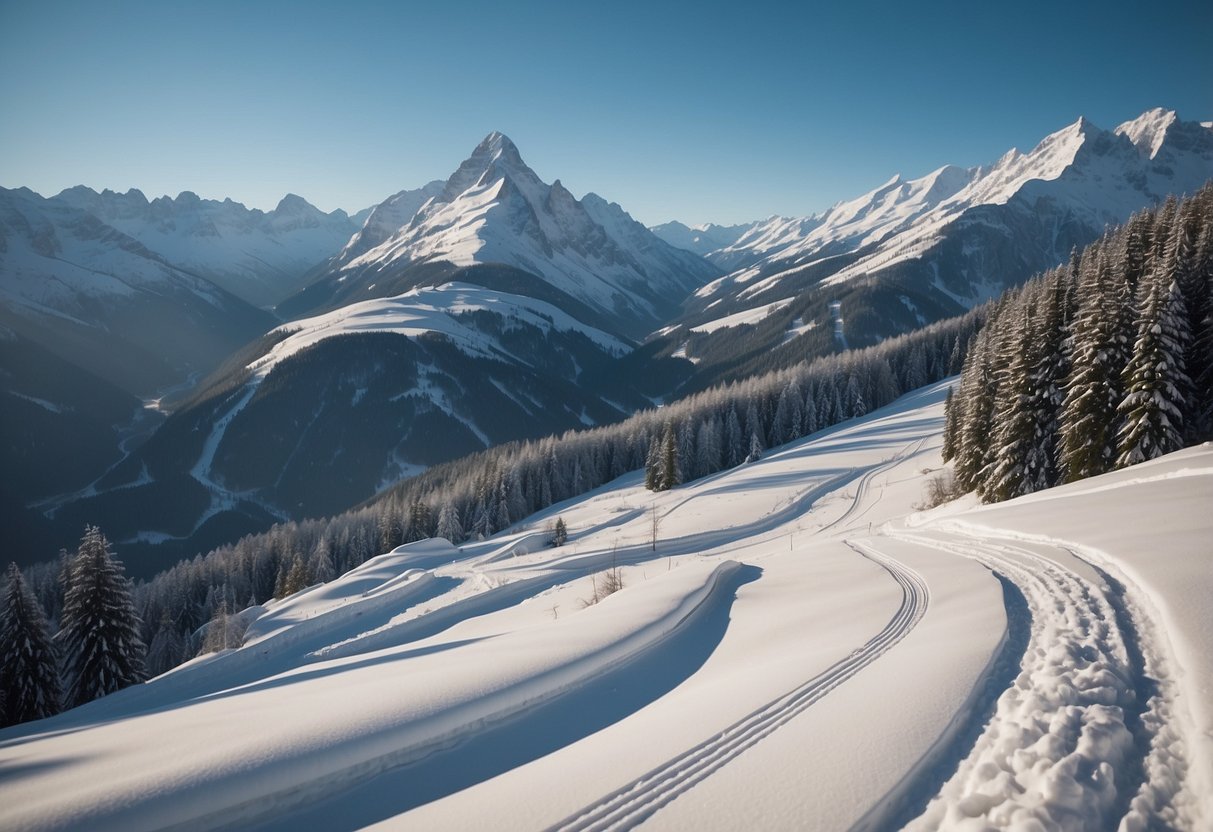 Snow-covered Goms Valley, Switzerland, with winding cross-country ski trails and surrounding mountains