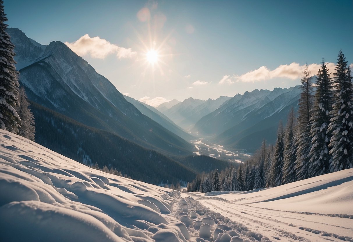 Snow-covered mountains surround a peaceful valley with winding cross-country ski trails cutting through the pristine landscape of Leutasch, Austria