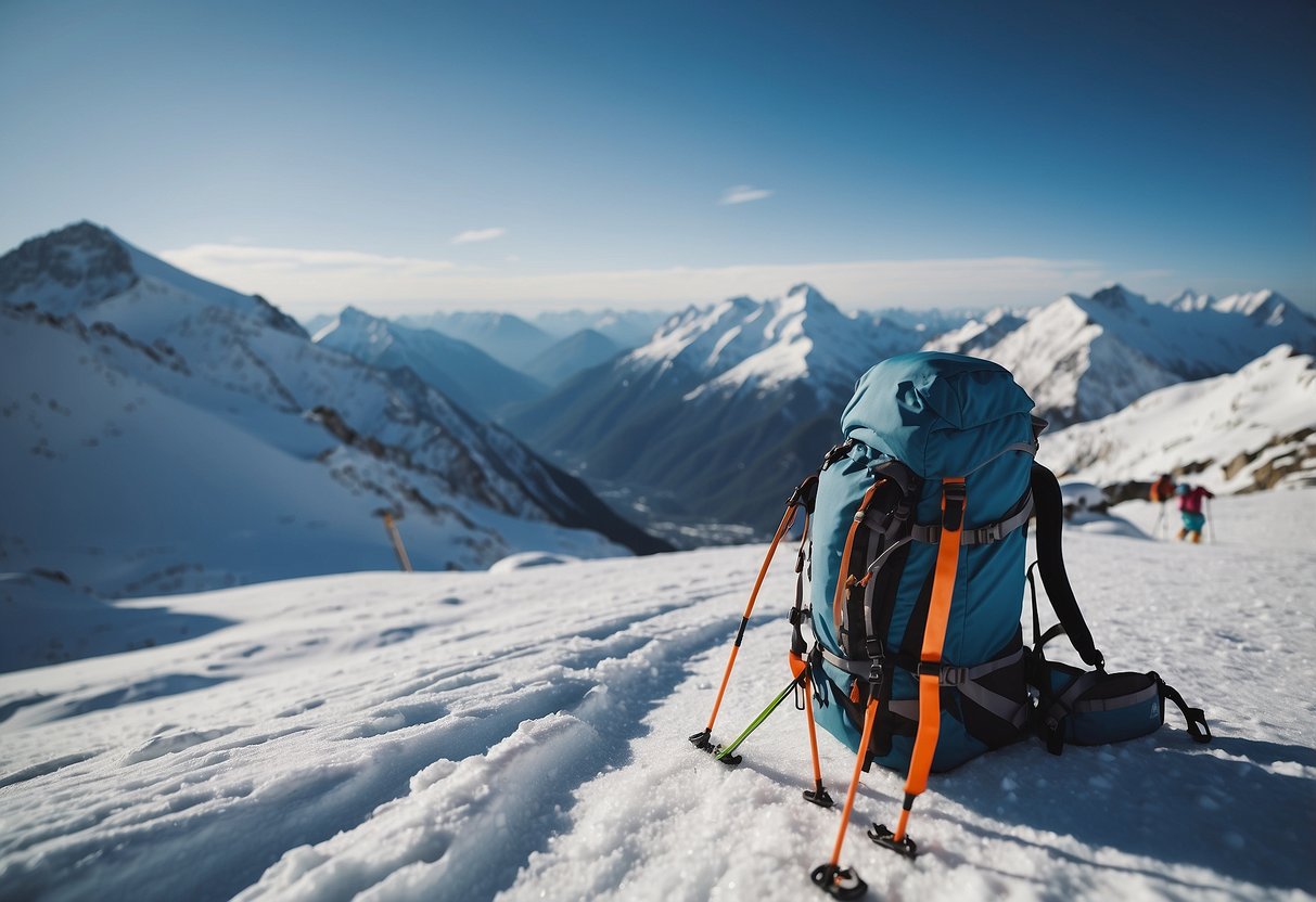 A snowy mountain landscape with skis, poles, and backpack laid out. European landmarks in the background