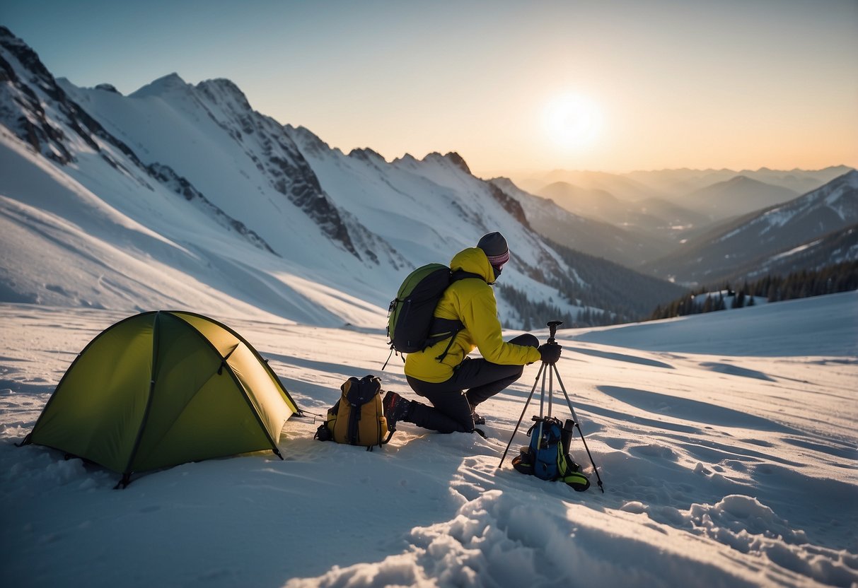 A snowy landscape with a cross country skier enjoying a variety of lightweight snacks from a small backpack