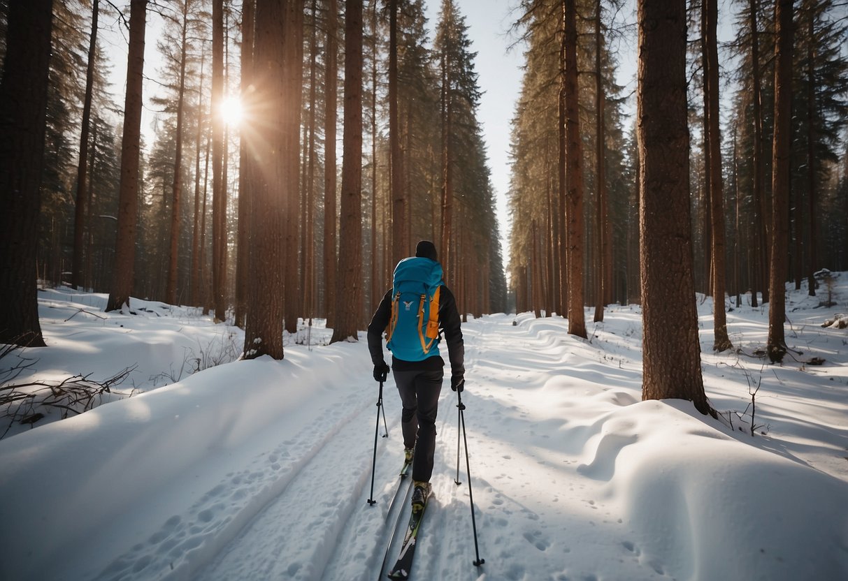 A snowy forest trail with a backpack open to reveal KIND Healthy Grains Bars and other lightweight snacks for cross country skiing trips