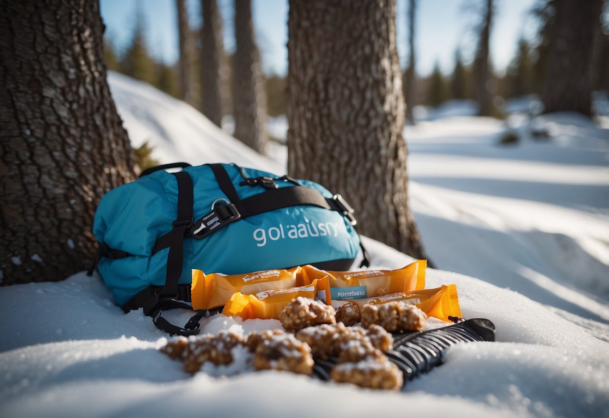 A snowy cross country trail with skis and poles propped against a tree, surrounded by RXBAR protein bars and other lightweight snacks