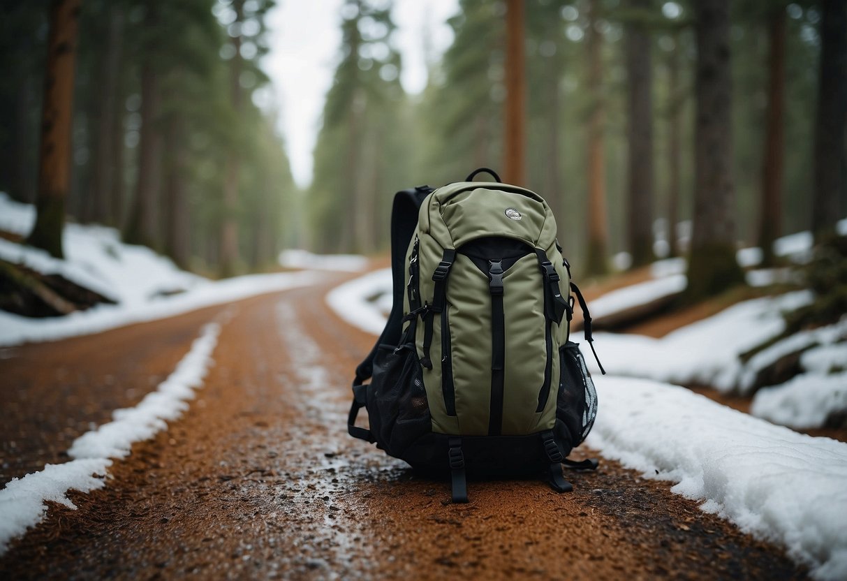 A snowy trail winds through pine trees, with a backpack open to reveal Stinger Waffle Fuel 10 snacks and a thermos of hot cocoa