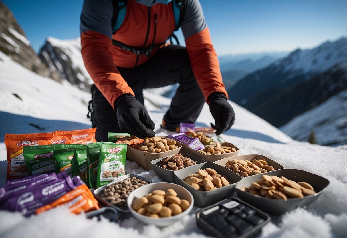 A snowy mountain trail with a cross country skier snacking on Clif Bloks Energy Chews, surrounded by lightweight snack packs and gear