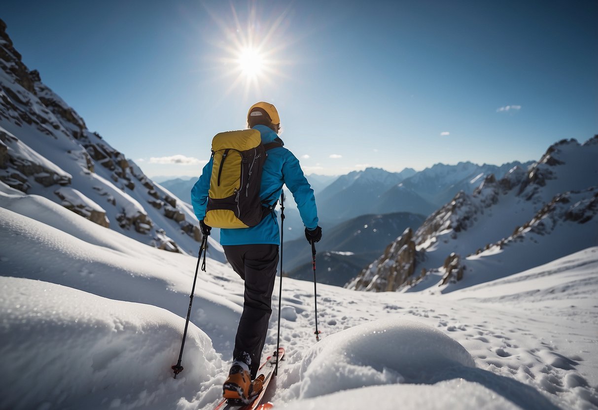 A snowy mountain landscape with a cross country skier reaching into a backpack to pull out a Garukabars Protein Bar