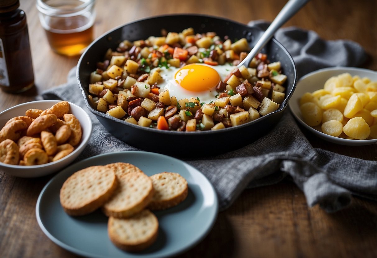 A steaming skillet of breakfast hash sits next to a pile of lightweight snacks, ready for a cross country skiing trip