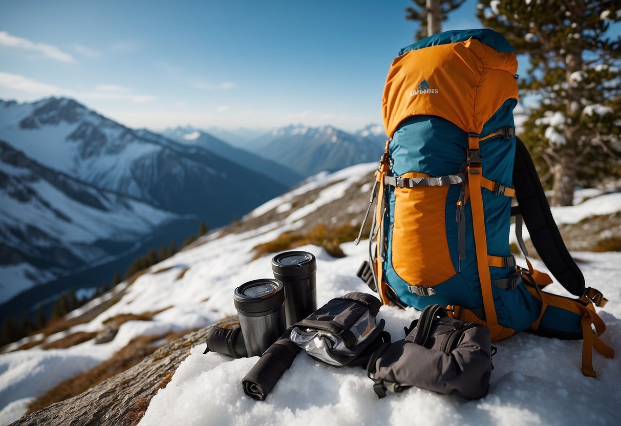 A snowy mountain trail with skis leaning against a tree, and a backpack open to reveal ProBar Meal Bars and other lightweight snacks