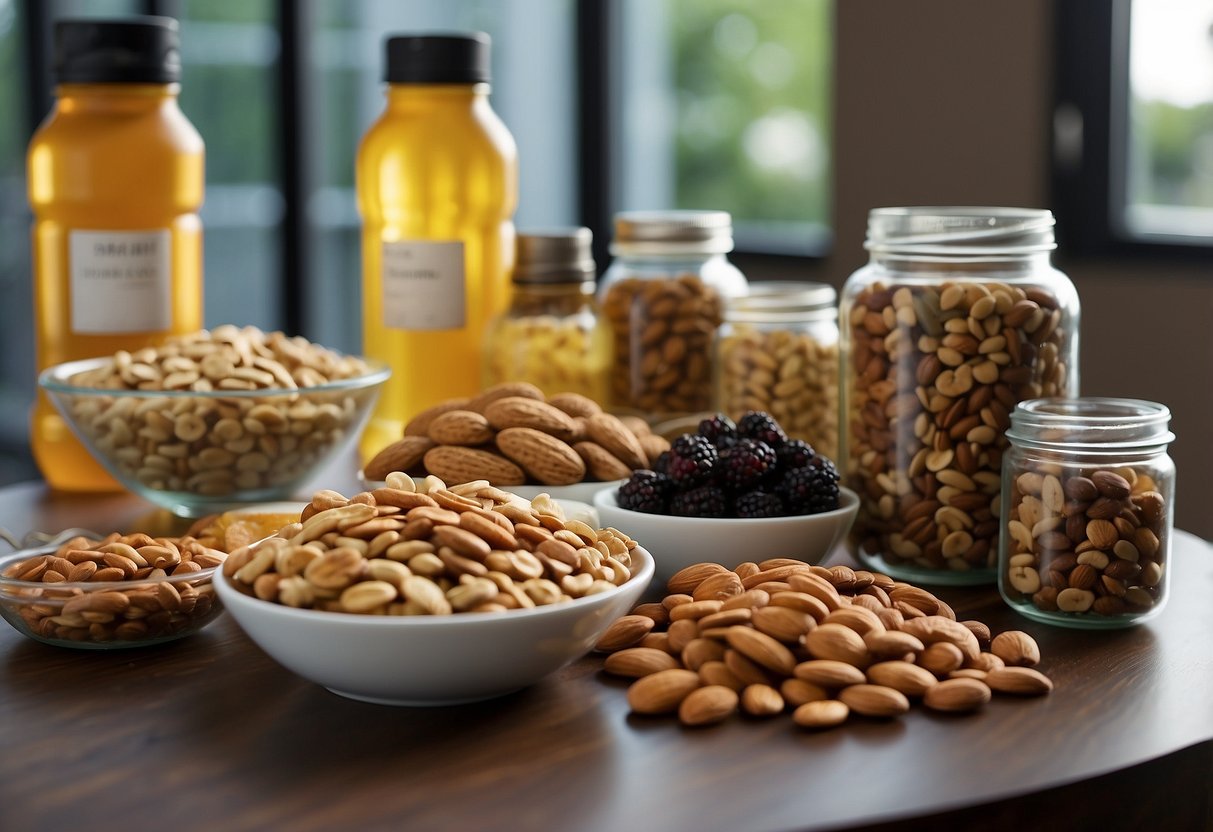 A table displays a variety of lightweight snacks such as nuts, dried fruits, granola bars, and energy gels. A water bottle and trail mix are also present