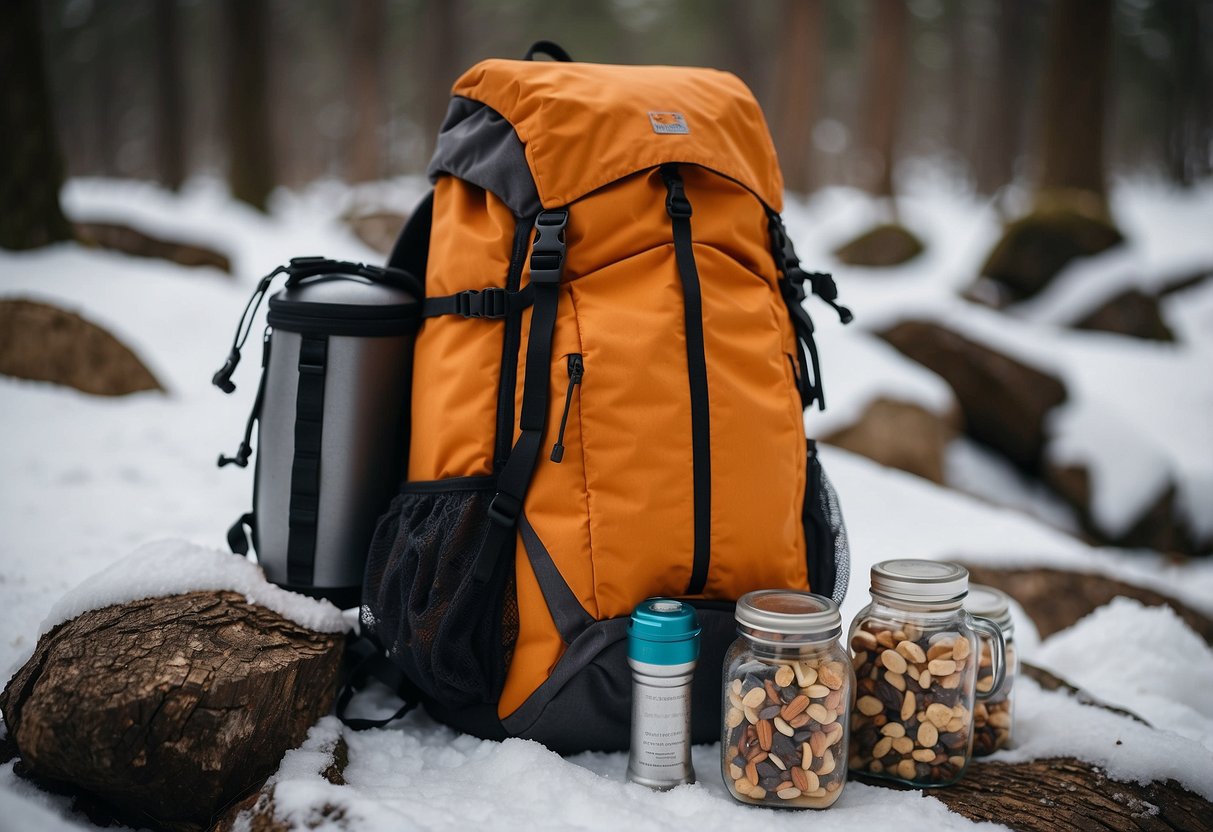 A backpack open on the snowy ground, filled with ziplock bags of trail mix, energy bars, and dried fruit. A water bottle and thermos sit nearby