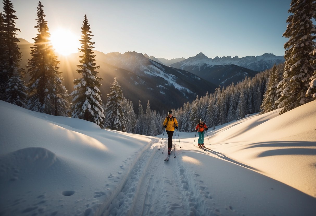 Skiers glide through snowy backcountry, surrounded by tall pines and distant peaks. The sun casts a warm glow on the pristine landscape, creating a serene and peaceful atmosphere