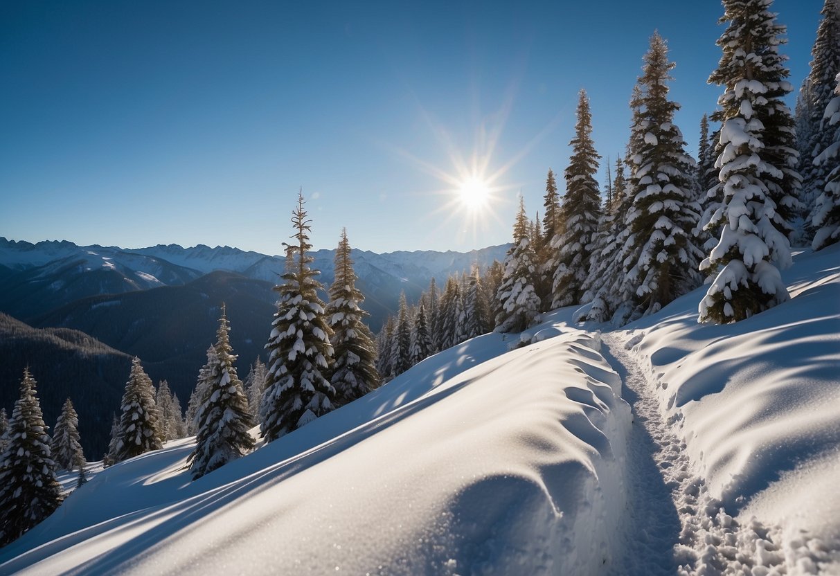 Snow-covered mountains, pine trees, and a clear blue sky. A trail winds through the backcountry, with ski tracks leading into the distance