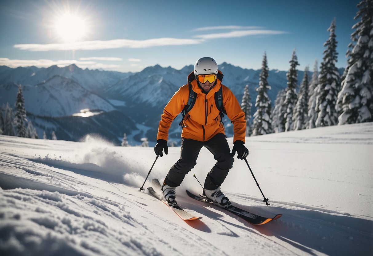 A person skiing in the backcountry, wearing safety gear including a helmet, goggles, and avalanche beacon. They are following 7 tips for cross country skiing