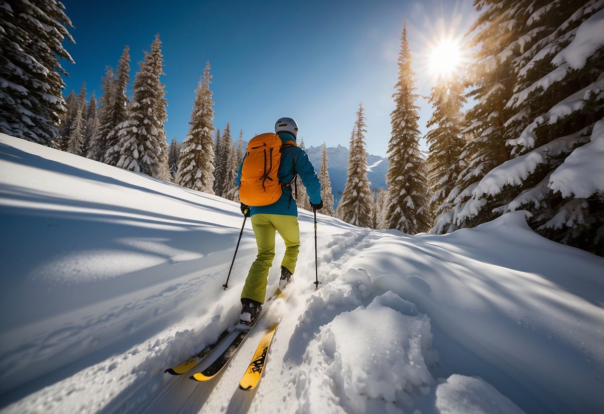 A skier glides through a snowy backcountry landscape, surrounded by tall trees and mountains. The sun shines overhead, casting a warm glow on the pristine snow. A water bottle is strapped to the skier's pack, emphasizing the importance of staying