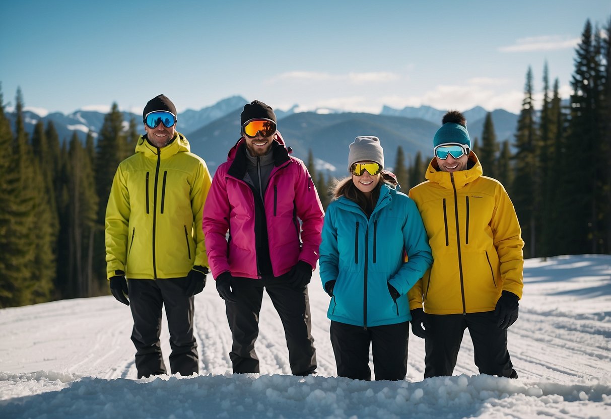 A group of five lightweight jackets laid out on a snowy cross country ski trail, with trees and mountains in the background