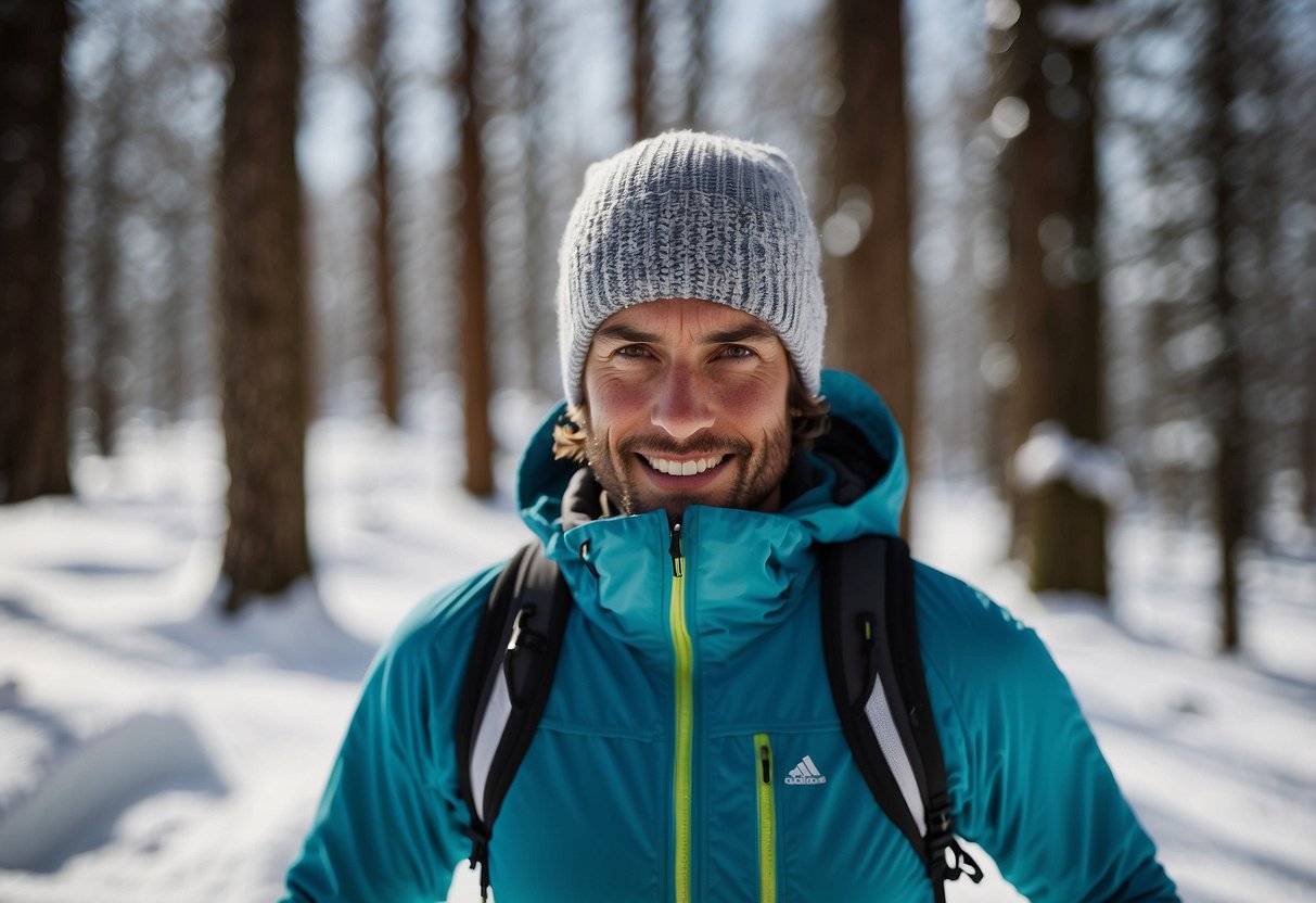 A skier glides through a snowy forest in a Columbia Omni-Heat 3D Knit Jacket, surrounded by lightweight jackets for cross country skiing