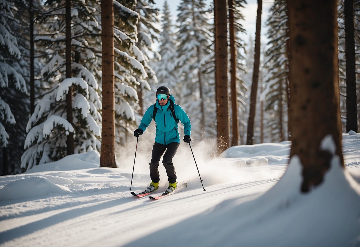 A skier glides through a snowy forest, wearing a North Face Ventrix Jacket. The lightweight jacket keeps them warm and comfortable as they navigate the cross country ski trails