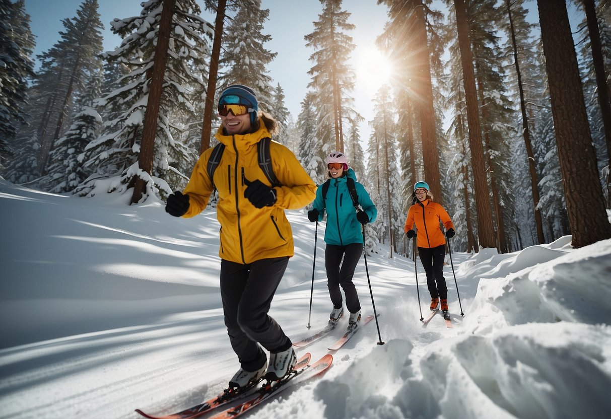 A snowy landscape with skiers gliding through a forest, wearing lightweight jackets made of durable, breathable fabric. The sun glistens off the snow, creating a serene and picturesque setting for cross country skiing