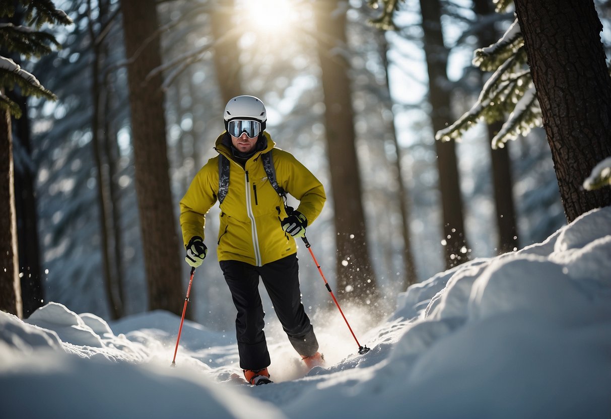 A skier glides through a snowy forest, wearing a lightweight jacket with layered insulation, windproof fabric, and ventilation zippers. The sun shines through the trees, casting soft shadows on the glistening snow