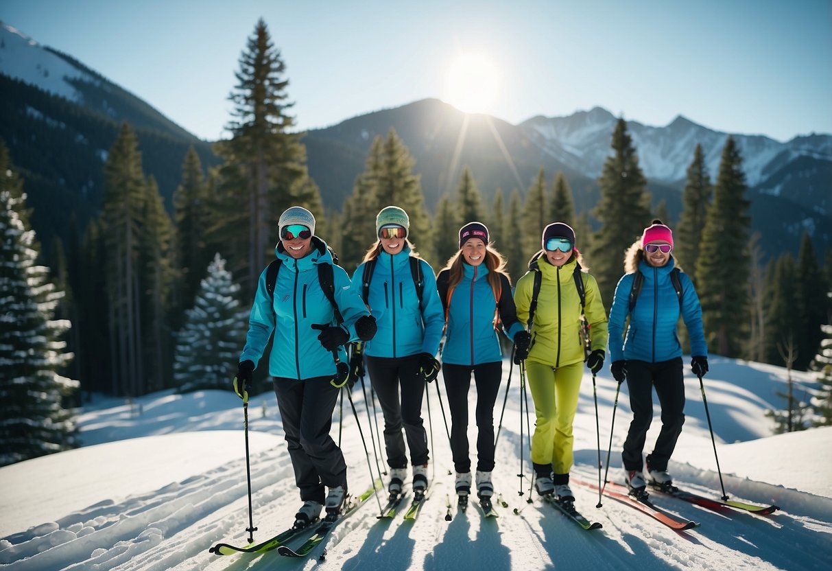 A snowy mountain landscape with a group of cross country skiers wearing lightweight jackets, surrounded by pine trees and a clear blue sky