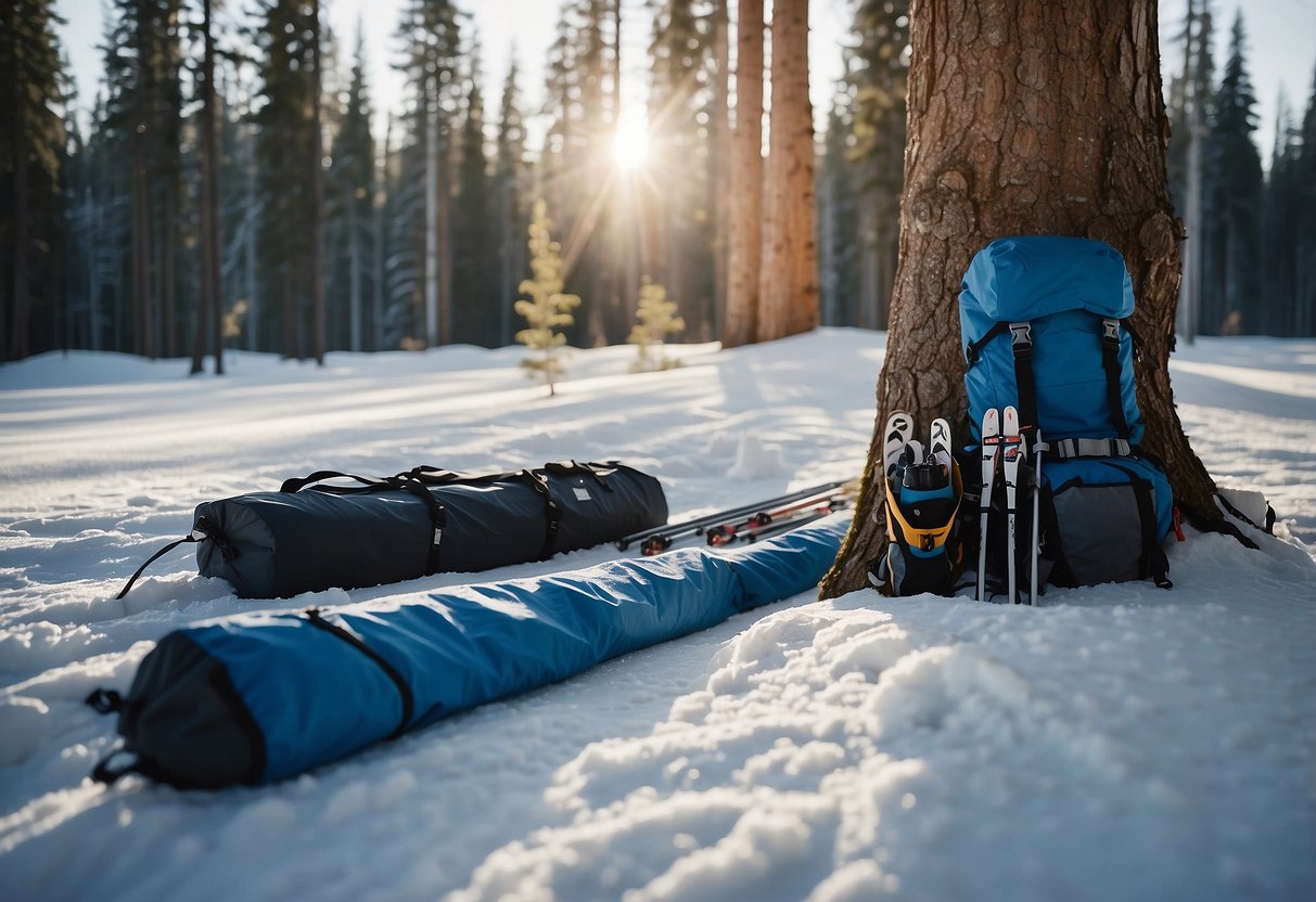 Skis and poles lean against a tree, covered with waterproof bags. A tarp is spread out on the snow, with gear neatly organized on top