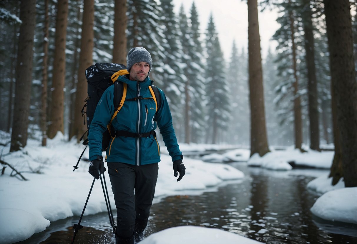 A snowy forest scene with a cross country skier surrounded by Gore-Tex gear, including a backpack, jacket, pants, gloves, and boots. Snowflakes are melting on the water-resistant fabric, showcasing its effectiveness