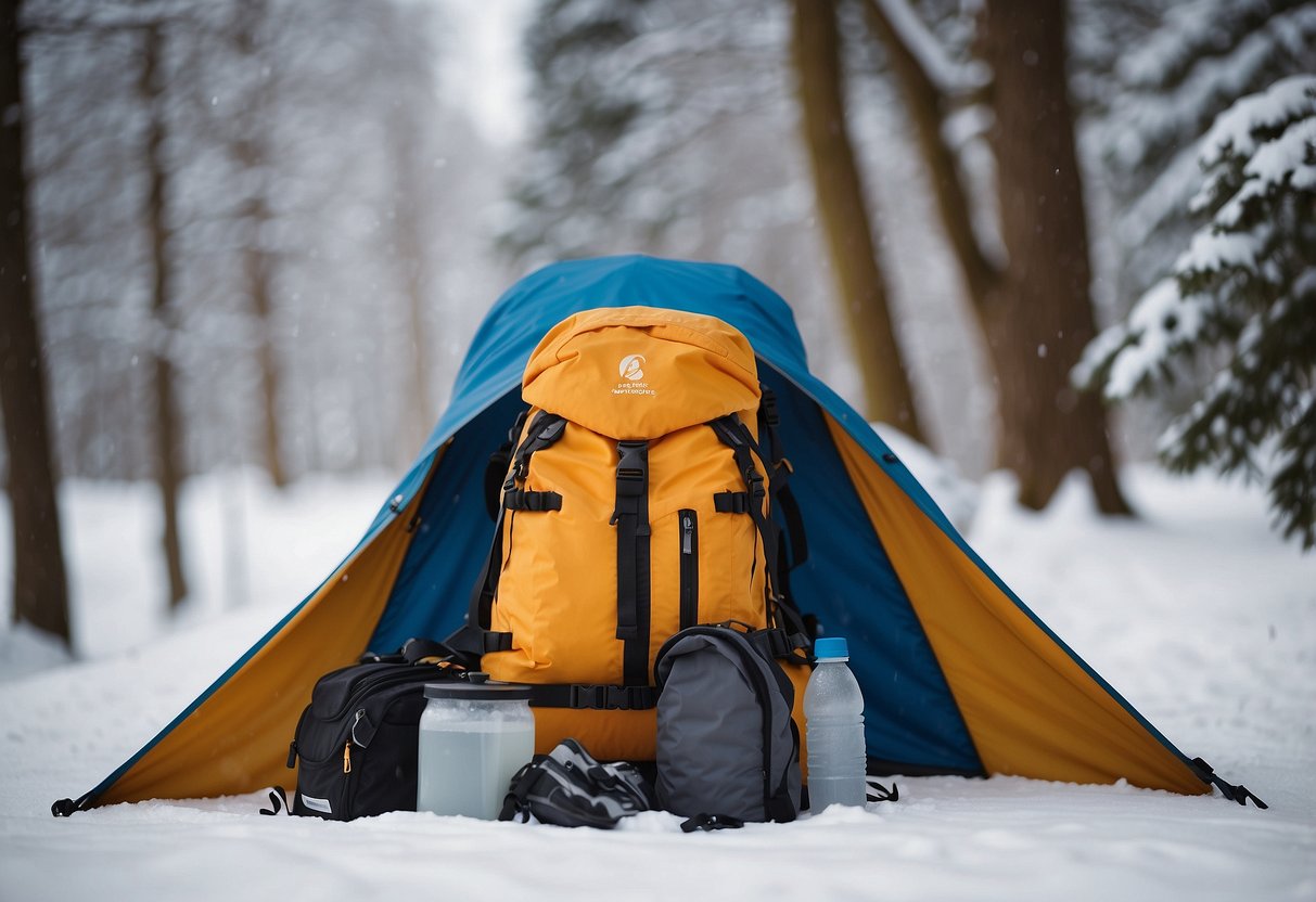 Cross country skis lean against a snowy tree. A waterproof backpack sits nearby, while a tarp is spread out on the ground to protect gear from the elements