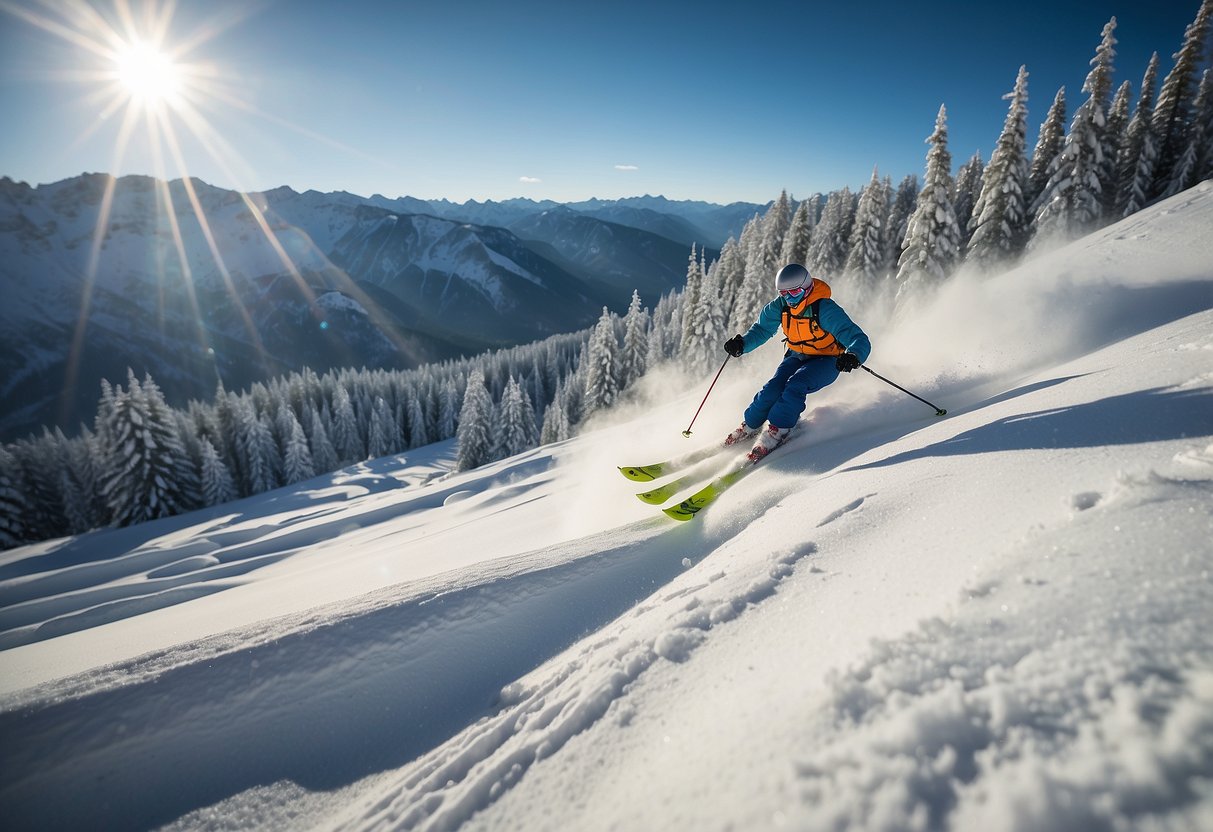 Skiers gliding through snowy, mountainous terrain under a clear, blue sky. Sunlight glistens on the pristine snow, creating a serene and peaceful atmosphere