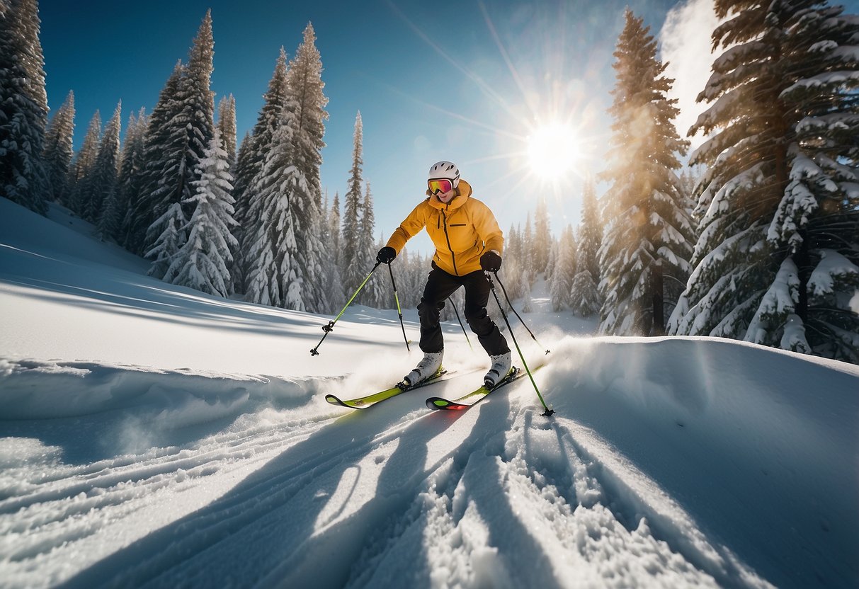 A skier glides through snow-covered mountains, surrounded by tall pine trees. The sun shines brightly in the clear blue sky, casting long shadows on the pristine white snow