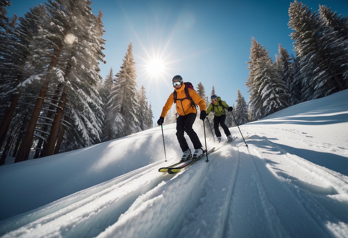 Skiers ascend a snow-covered mountain, following a winding trail. The air thins as they climb, surrounded by pine trees and a clear blue sky