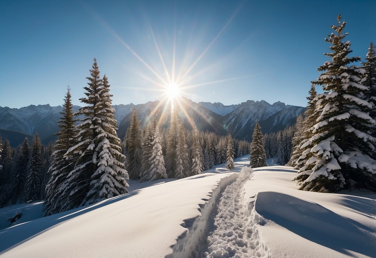 Snow-covered mountain landscape with a clear blue sky. A ski trail winds through the terrain, with tall pine trees lining the path. The sun is shining, and there are no visible signs of inclement weather