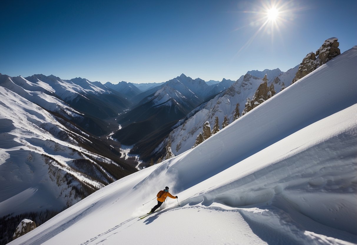 Skiers gliding through snowy mountains, surrounded by tall peaks and clear blue skies. The air is thin, but they move with ease, following the natural curves of the terrain