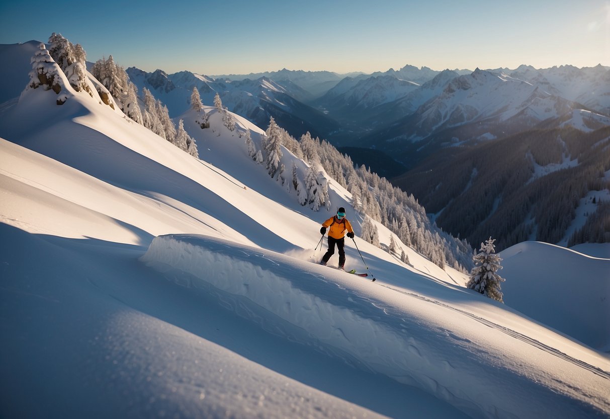 A snow-covered mountain landscape with skiers navigating steep slopes and thin air, while following tips for high-altitude cross country skiing