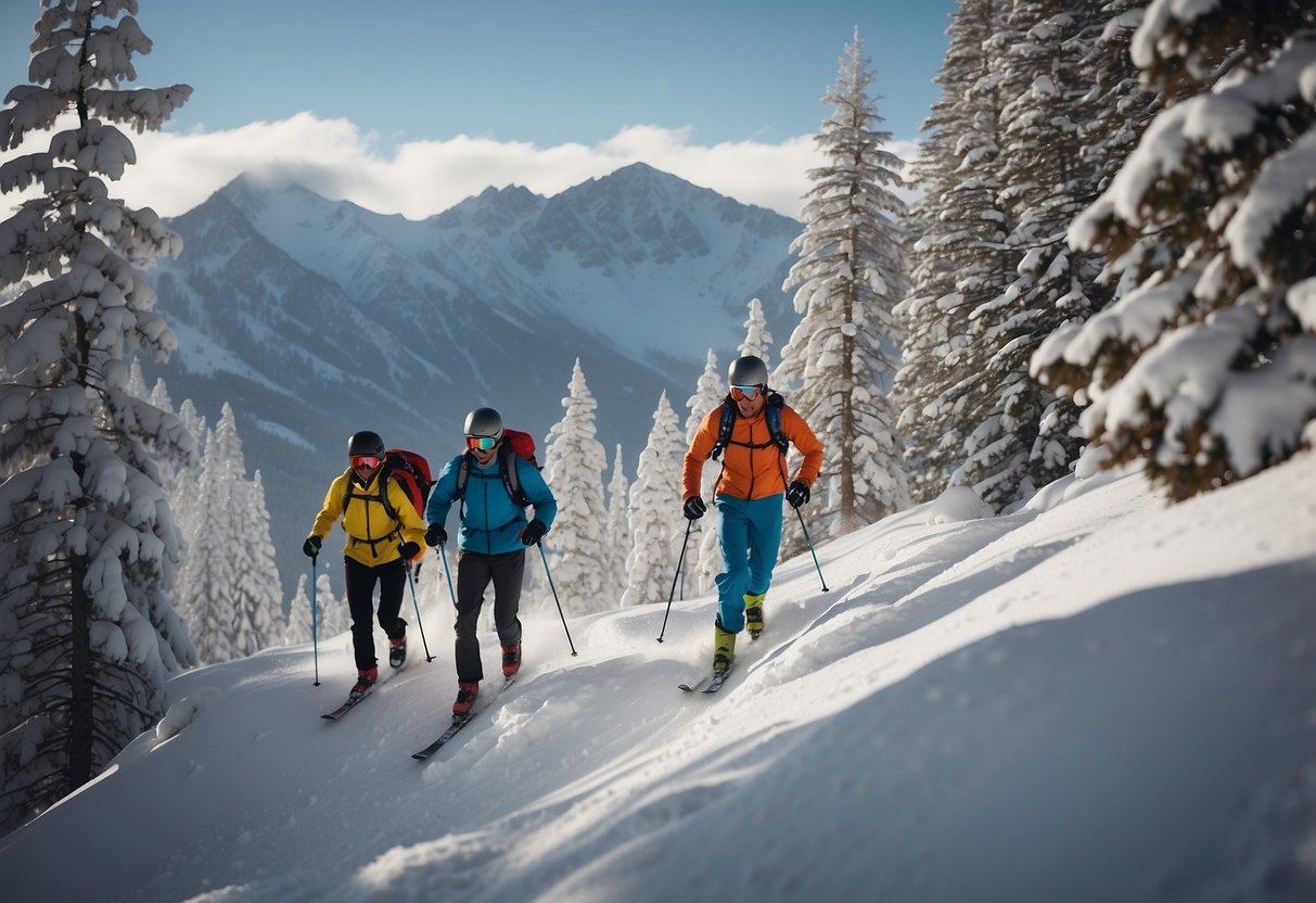 Skiers ascend a steep mountain trail, surrounded by snow-covered peaks and pine trees. Their breaths puff out in the cold, thin air as they navigate the challenging terrain