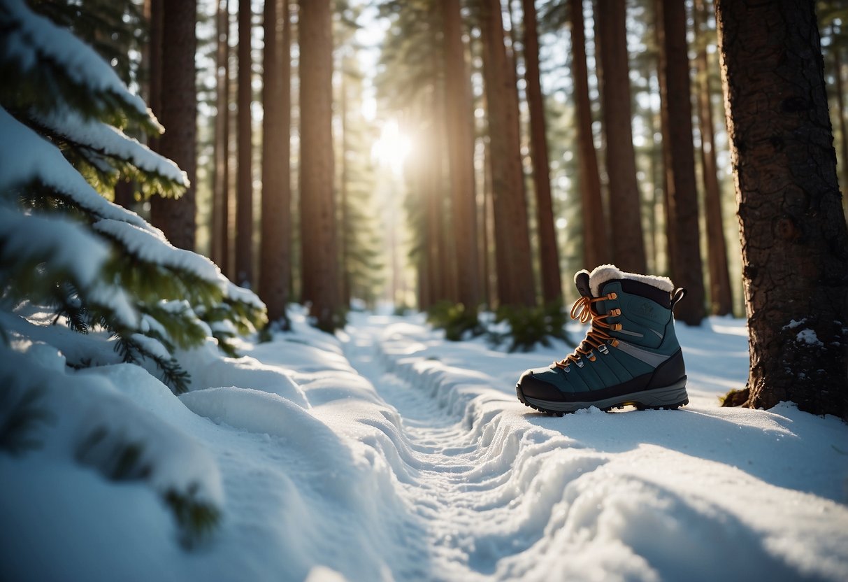 A snowy forest with a winding trail, surrounded by tall pine trees. A pair of comfortable cross country skiing boots are placed at the base of a tree, ready to hit the trails