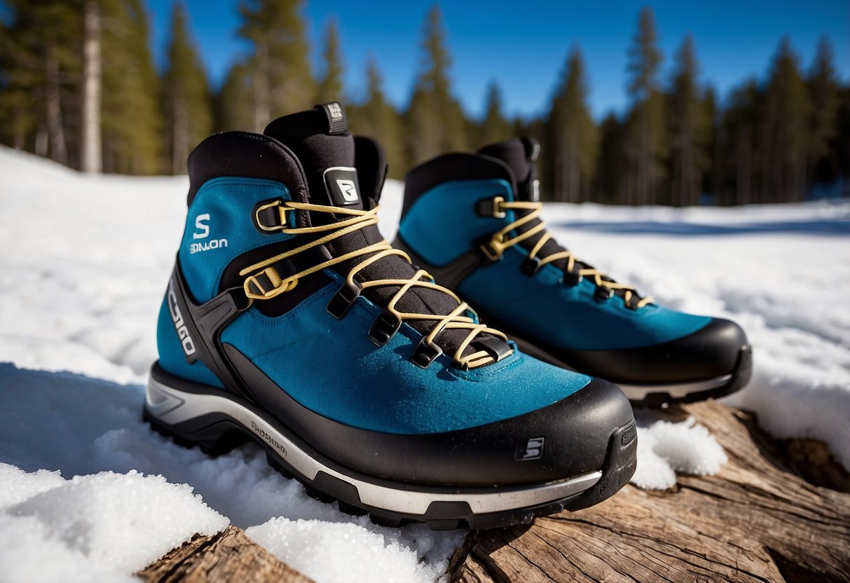 A pair of Salomon Escape 7 Prolink cross country skiing boots arranged neatly on a snowy trail, surrounded by pine trees and a clear blue sky