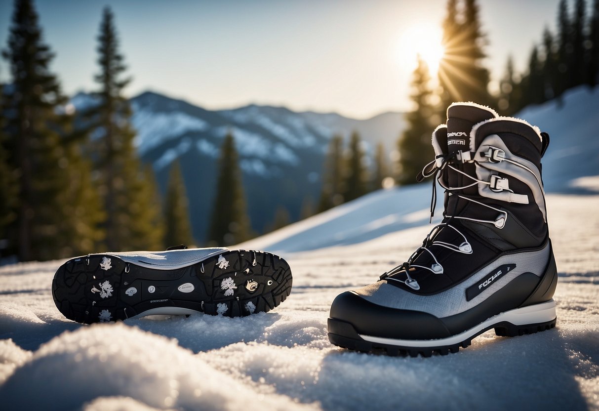 A pair of Fischer XC Comfort Pro 5 cross country skiing boots resting on a snowy trail, surrounded by pine trees and a serene winter landscape