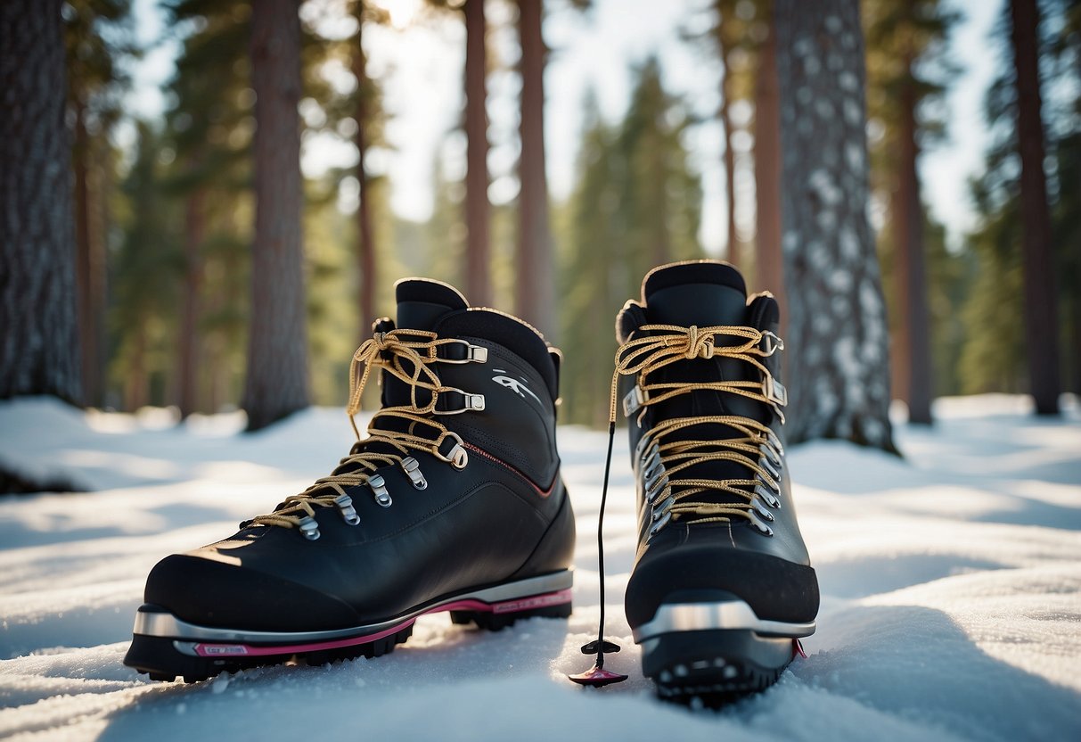 A pair of Rossignol X-6 SC 5 cross country skiing boots resting on the snow, surrounded by tall pine trees and a serene winter landscape