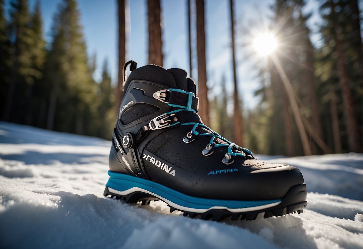 A pair of Alpina T10 Eve 5 cross country skiing boots placed on a snowy trail, surrounded by tall pine trees and a clear blue sky