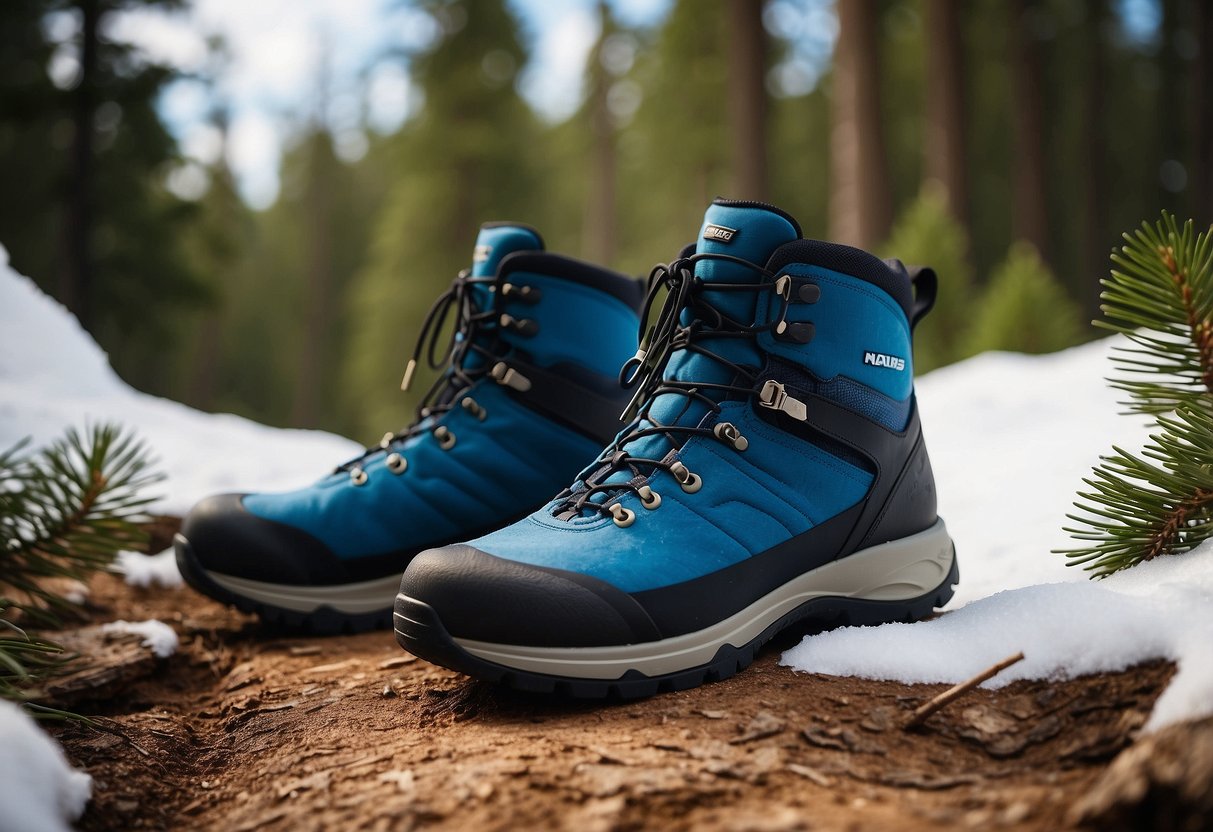 A pair of Madshus Endurace Crossover 5 boots sits on a snowy trail, surrounded by pine trees and a clear blue sky