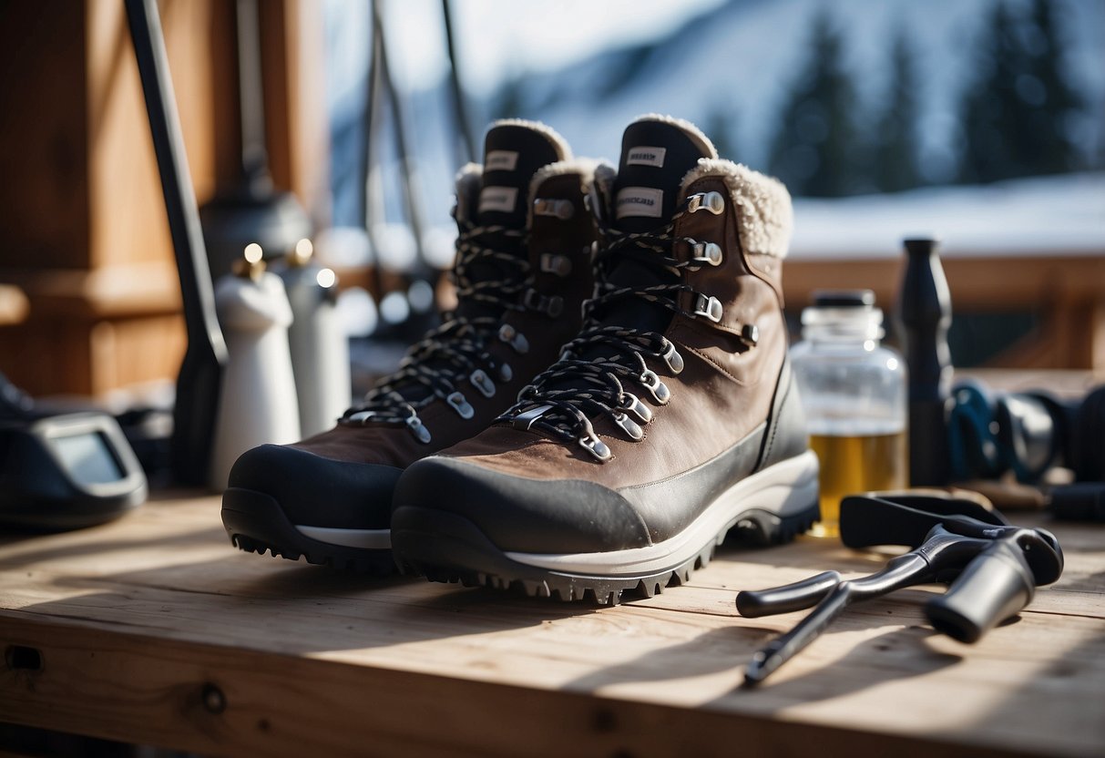 A pair of cross country skiing boots being cleaned and treated with care, surrounded by tools and products for maintenance