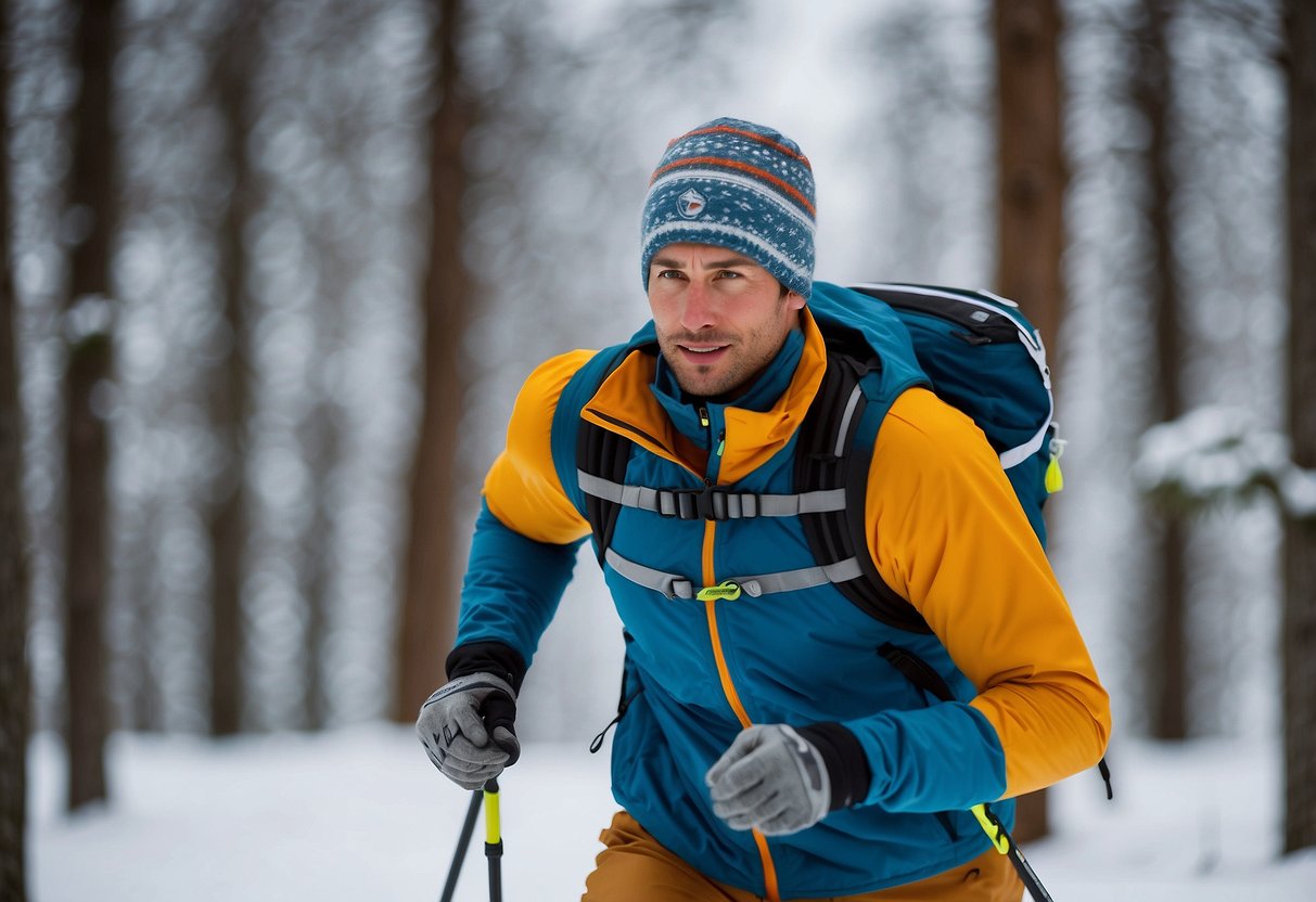 A cross country skier glides smoothly through a snowy forest, utilizing proper technique and balance while navigating gentle slopes and tight turns. The skier demonstrates efficient pole usage and maintains a stable body position throughout the journey