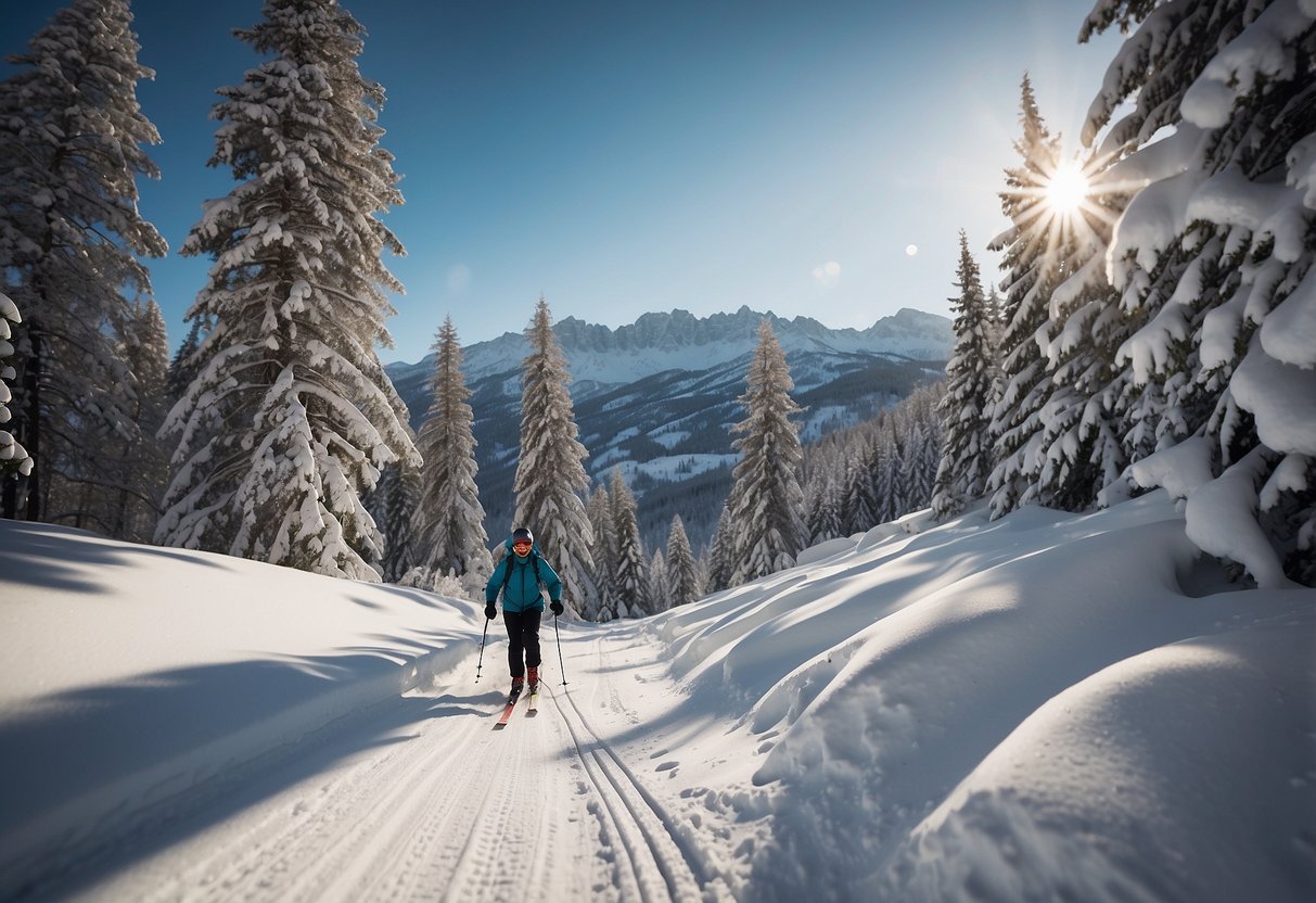 A skier navigates through various terrain types: flat, uphill, downhill, and winding paths. Snow-covered trees and mountains surround the skier, creating a picturesque winter landscape