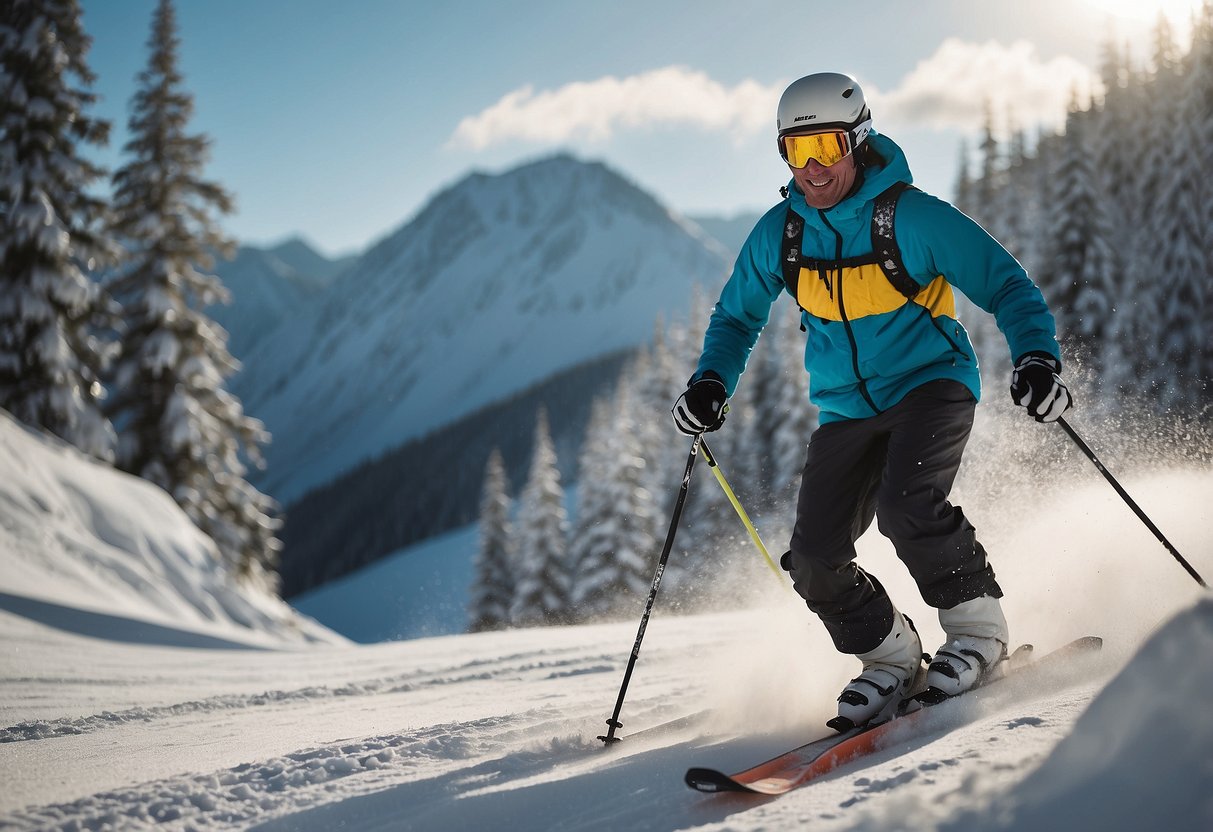 A skier navigates through snowy terrain, using poles for balance and propulsion. They demonstrate proper turning and stopping techniques, wearing appropriate clothing and gear for warmth and safety