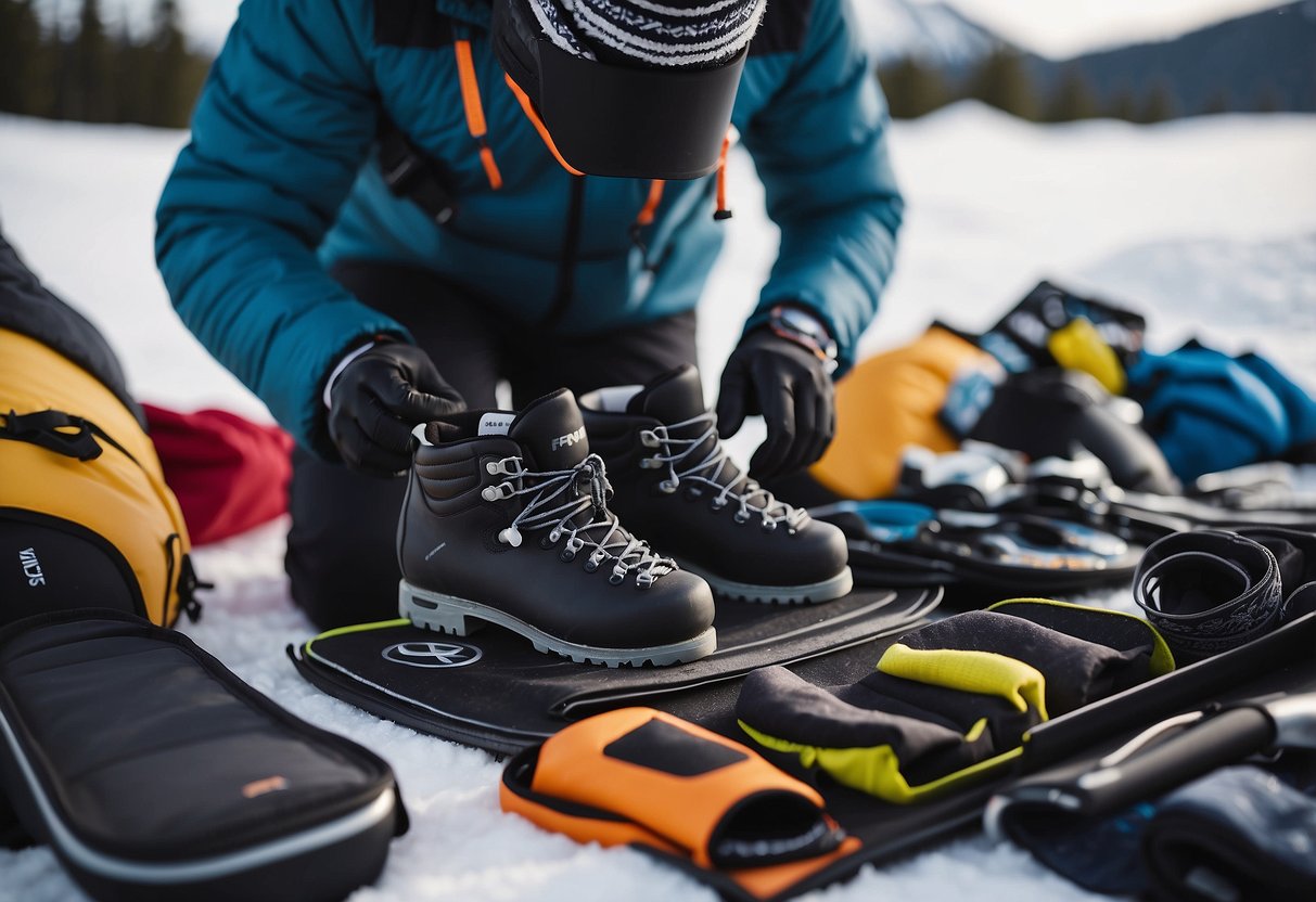 A person arranging ski gear with precision and care, ensuring all essentials are packed for safe cross-country skiing