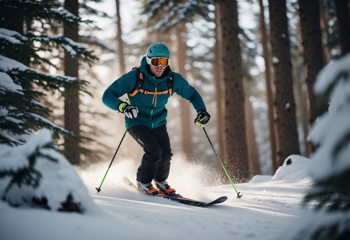 Skier glides smoothly through snowy forest, using controlled breaths and focused movements. Trees stand tall, snow glistens, and the skier's posture exudes confidence and skill