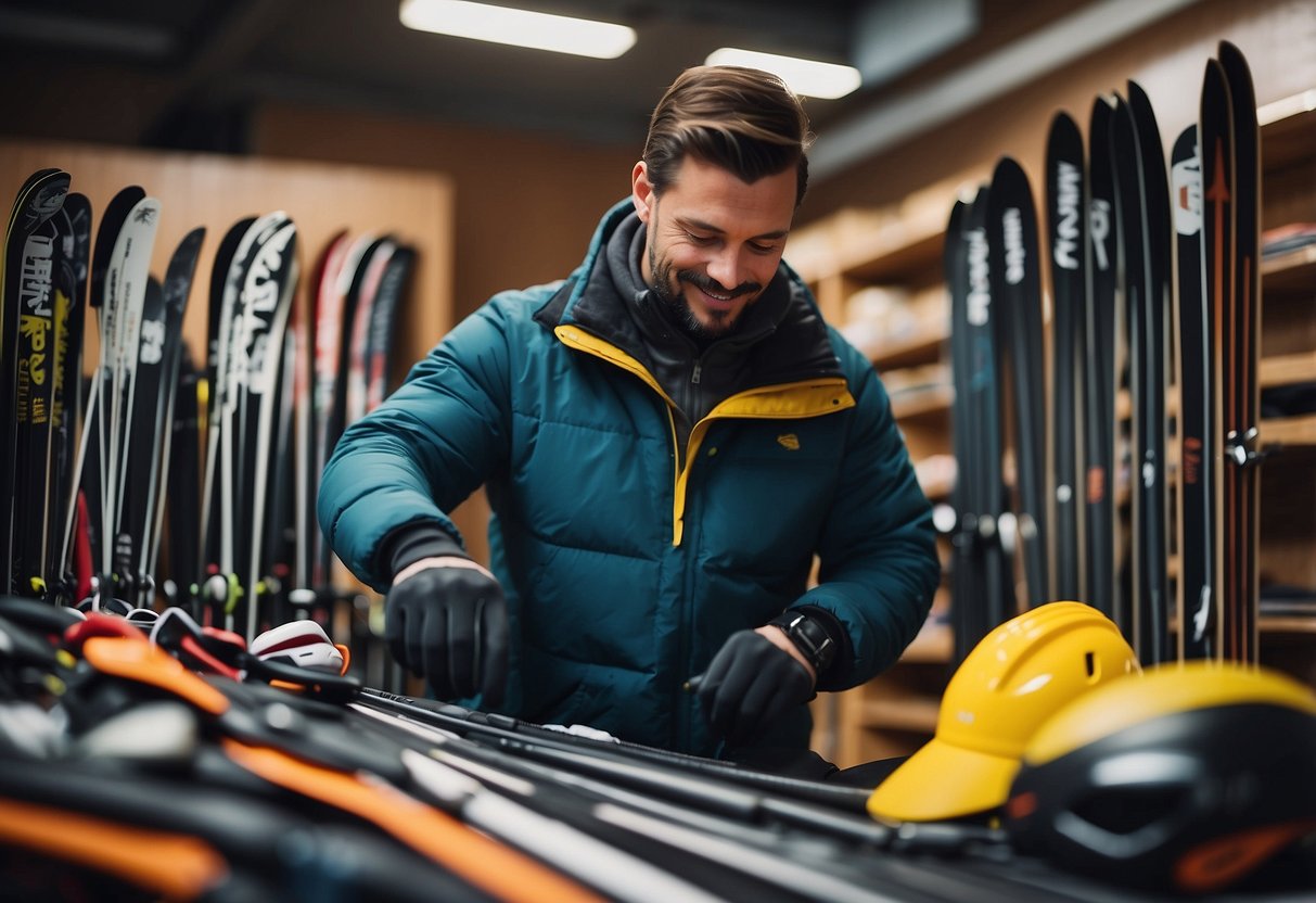 A person arranging ski equipment in an orderly manner, including skis, poles, and boots, with a focus on safety and organization