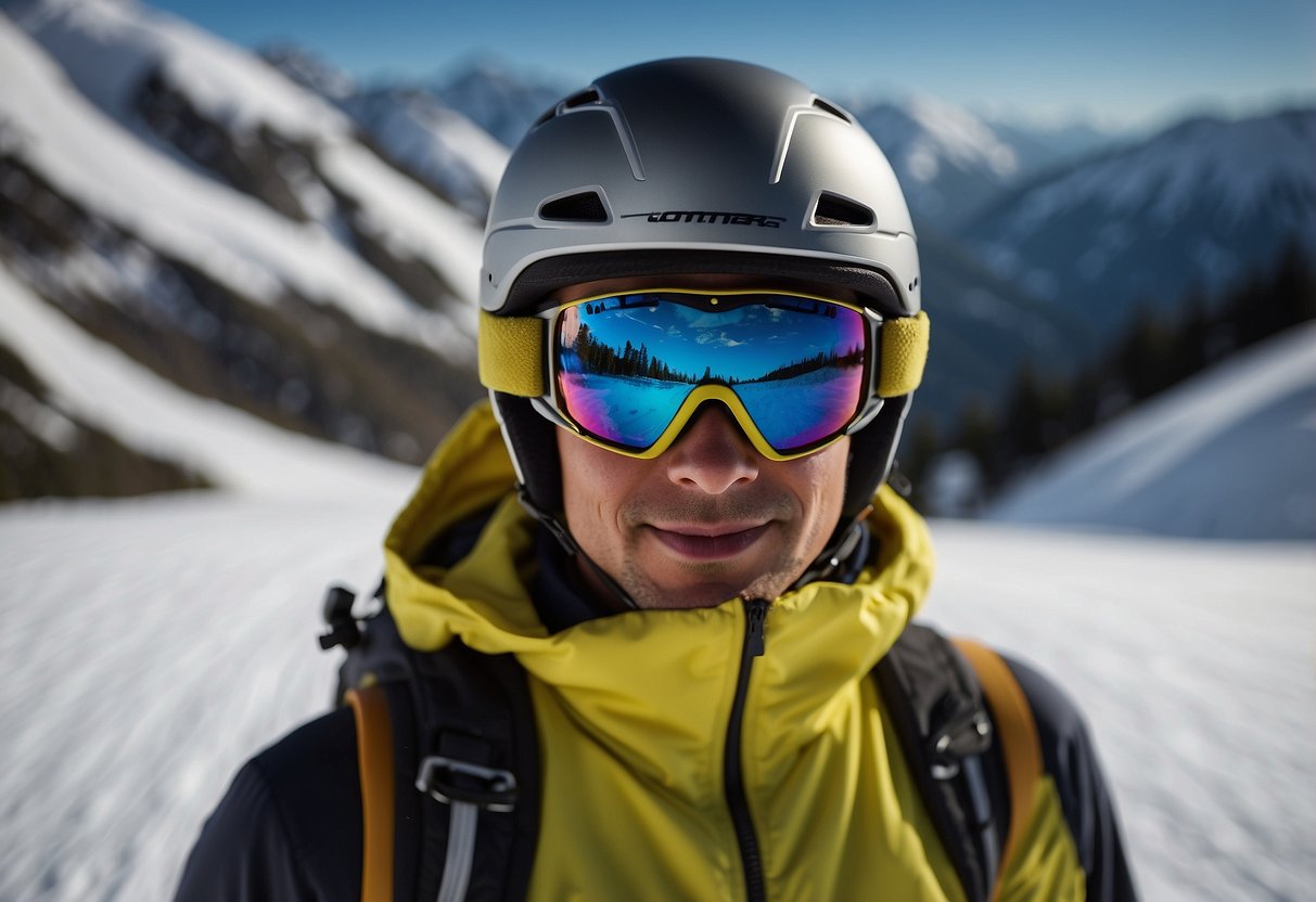 A skier wearing thermal base layers, fleece mid-layers, and a waterproof outer shell. Accessories include a warm hat, gloves, and goggles. Skis and poles are laid out nearby