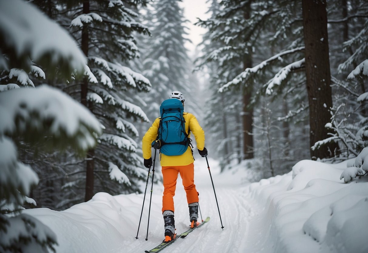 A cross country skier glides through a snowy forest, wearing a helmet and bright clothing. They carry a map, compass, and first aid kit, and ski with proper technique, avoiding obstacles and staying on marked trails